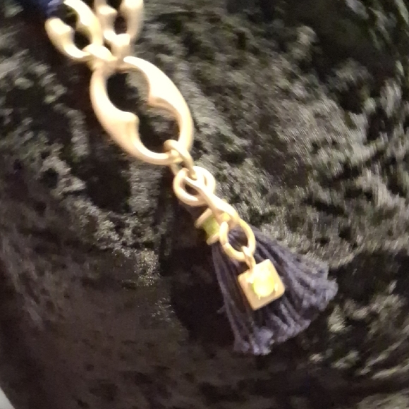 Vintage Gold and Navy Blue Statment  Tassel Necklace chunky accents.38 In Long - Picture 2 of 10
